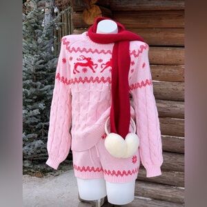 NWT - Knit Reindeer Pink & Red Sweater& Shorts  Set - L